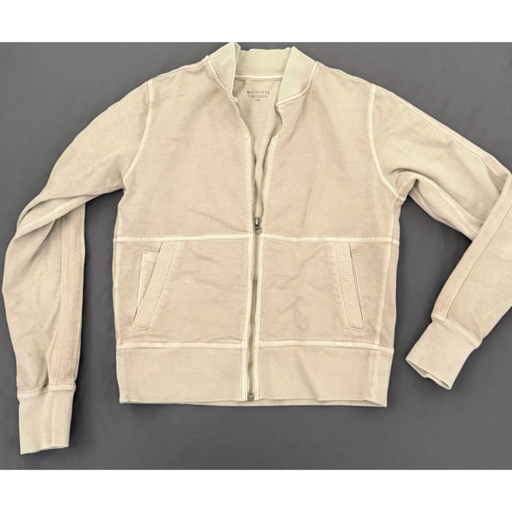 Athleta Farallon Bomber Jacket Womens Size XXS Mocha Tan Mineral Wash Full Zip